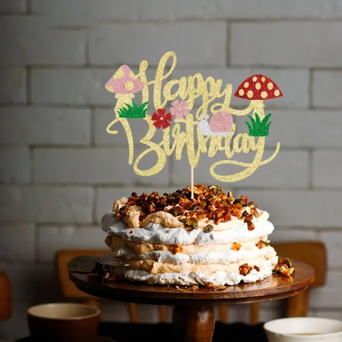 Miniatura 7 de Kaoenla Decoración para tartas de hongos con purpurina, hongos y flores en primavera, el tema, decoraciones de feliz cumpleaños para niñas y niños