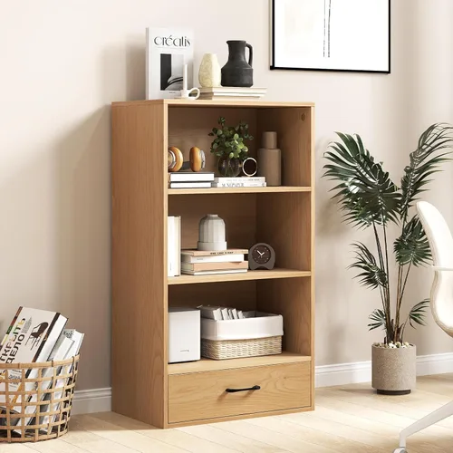 Miniatura 2 de GOFLAME Estantería pequeña de 4 niveles con cajón de almacenamiento, estantería de madera de 42.5 pulgadas con 3 estantes abiertos, moderno, Natural