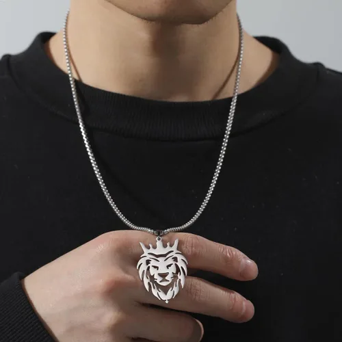 Miniatura 2 de UNIFT Collar de león para hombre, de acero inoxidable, estilo hueco, cabeza de león, dije de moda, dije de cabeza de león, caja de cadena, joyería