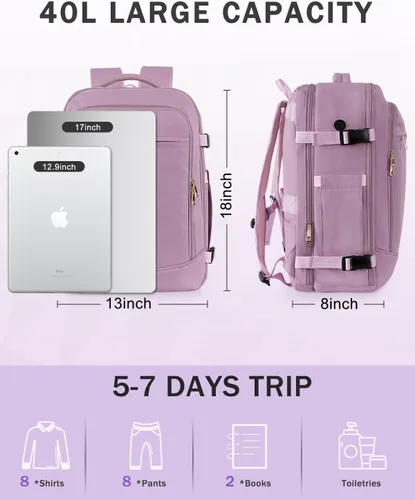 Miniatura 3 de Mochila de viaje para mujeres y hombres, mochila aprobada para vuelos de 40 L, bolsa de viaje para artículos personales con múltiples bolsillos