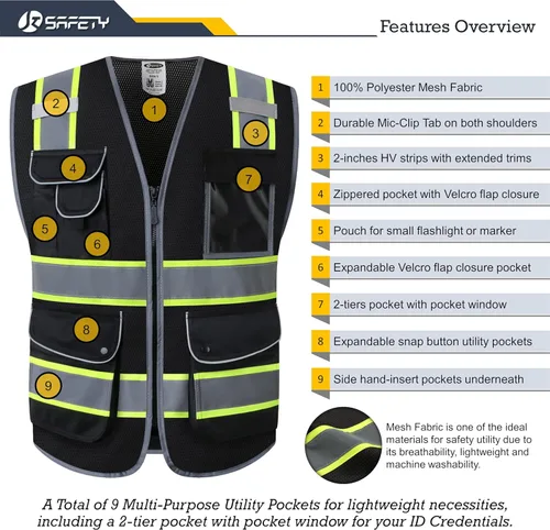 Miniatura 4 de JKSafety Chaleco de seguridad frontal de malla con 9 bolsillos en negro de alta visibilidad Negro con tiras reflectantes de doble tono Cumple