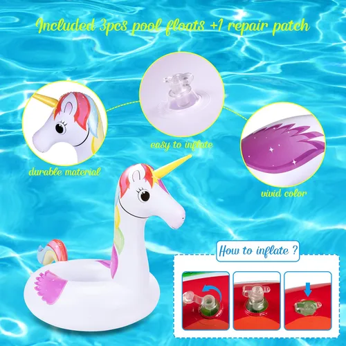 Miniatura 8 de Juego de 3 flotadores de piscina para adultos, unicornio + flamenco + sandía, flotadores inflables de playa para adultos, niños de 8 a 12 años
