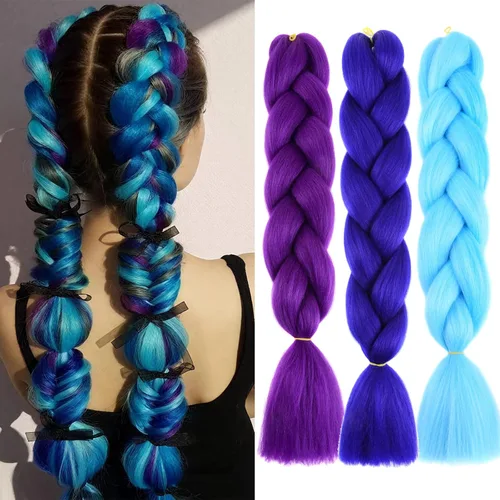 Miniatura 17 de Paquete de 3 extensiones de cabello trenzado de colores de 24 pulgadas, extensiones de cabello sintético para trenzar, morado, verde, amarillo