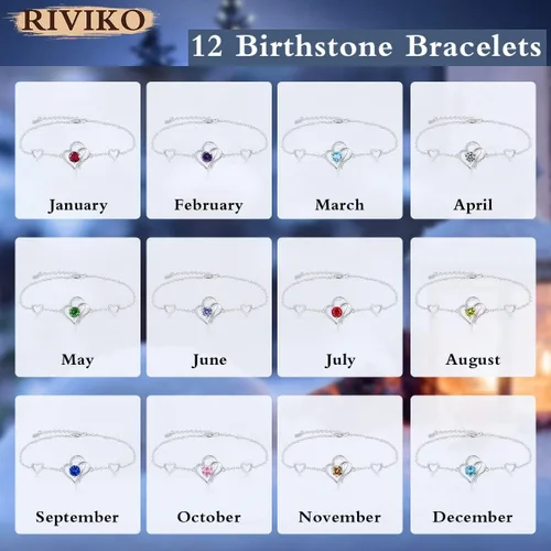 Miniatura 5 de RIVIKO Pulsera con dije de corazón de amor para mujer, plata de ley 925 con circonitas de piedra natal, eslabones ajustables para madre, esposa