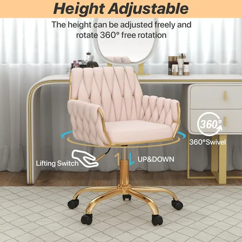 Miniatura 4 de Silla de terciopelo para oficina en casa, moderna silla de tocador de altura ajustable, silla de maquillaje giratoria de 360° con base dorada y Rosa