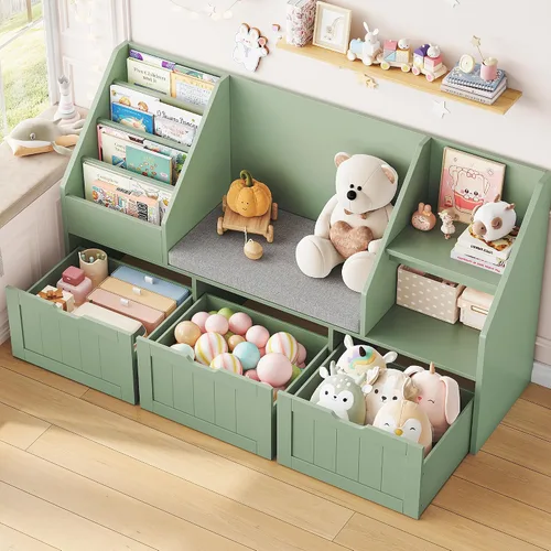 Miniatura 4 de FOTOSOK Estantería infantil de 55.1 pulgadas con rincón de lectura, organizador de almacenamiento de juguetes con cojín de asiento y 3 cajones