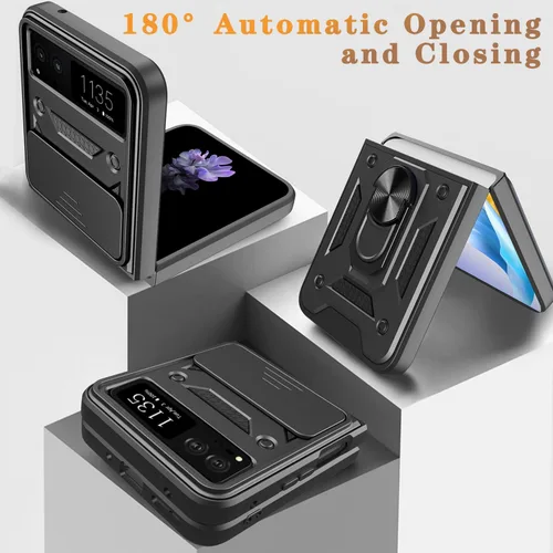 Miniatura 6 de Funda para Motorola Razr 2023 con cubierta de cámara y soporte, protección de lente deslizante + soporte de anillo giratorio de 360°, resistente a