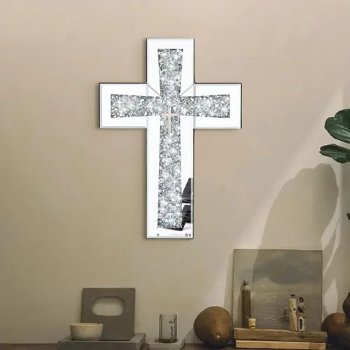 Miniatura 8 de Aeveco Cruz de Pared para Decoración, Cruz Espejo Plateada para Sala de Estar, Cruces de Espejo con Diamantes de Cristal Triturados, Arte Religioso
