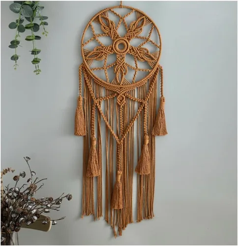 Miniatura 2 de Tapiz de atrapasueños, bohemio, macramé, tejido de algodón, hecho a mano, arte bohemio con borlas, adorno para dormitorio, sala de estar, Marrón