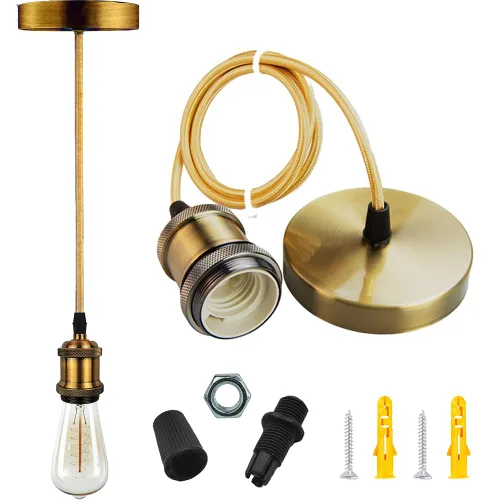 Miniatura 7 de Kit de lámpara colgante industrial vintage con soporte para lámpara E26/E27, cable de tela, rosa de techo y cable colgante en estilo retro moderno