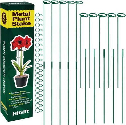 Miniatura 9 de HiGift Paquete de 10 estacas y soportes para plantas de 24 pulgadas, estacas de metal para plantas en macetas de interior, estacas de jardín