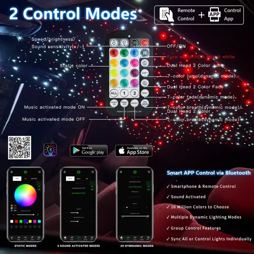 Miniatura 2 de 32W RGBW APP luces de fibra óptica, kit de luces de techo de estrella de tamaño pequeño, activadas por música, 450 piezas, 0.75mm, 9.8 pies/3m