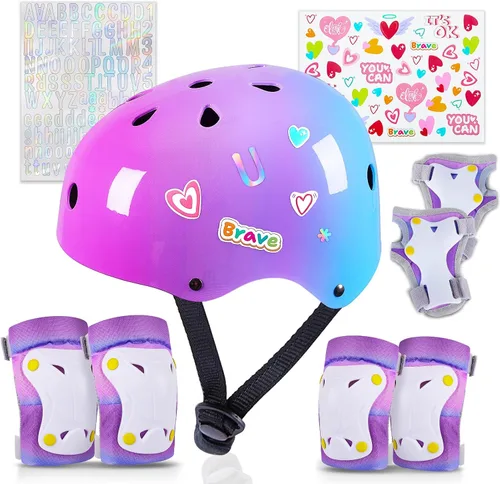 Miniatura 9 de Casco para niños, casco de bicicleta para niños pequeños con pegatinas DIY Unicornio, rodilleras y coderas ajustables, juego de protección para Rosa