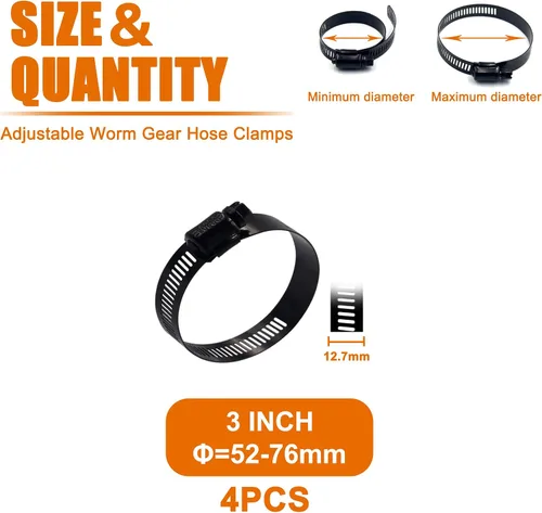 Miniatura 2 de ISPINNER 4 abrazaderas de manguera de engranaje helicoidal de acero inoxidable ajustable de 3 pulgadas con rango de tamaño de 2.047-2.992 in