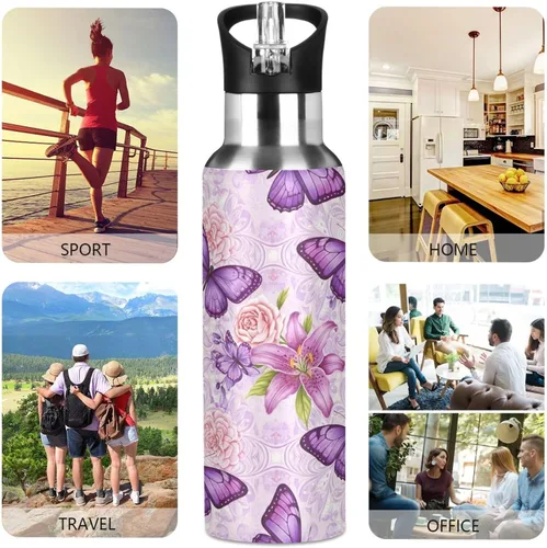 Miniatura 5 de Purple Butterflies Stainless Steel Water Bottle 20 Oz, BPA-Free Sports Water Bottle Leakproof Water Bottles
