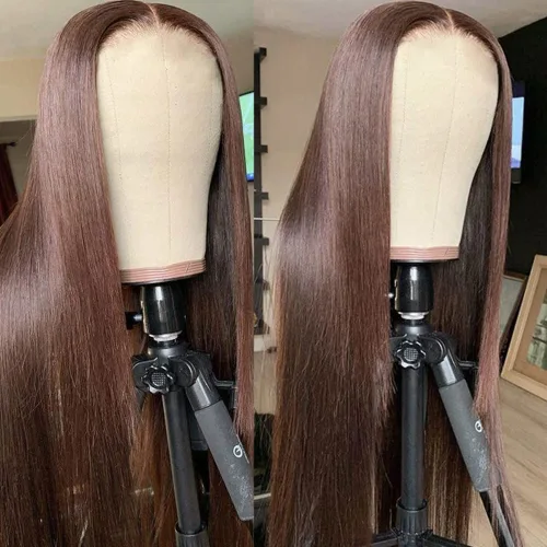 Missyvan Pelucas de encaje frontal de cabello largo y lacio, color marrón natural, sin pegamento, castaño y rubio, pelucas sintéticas con encaje
