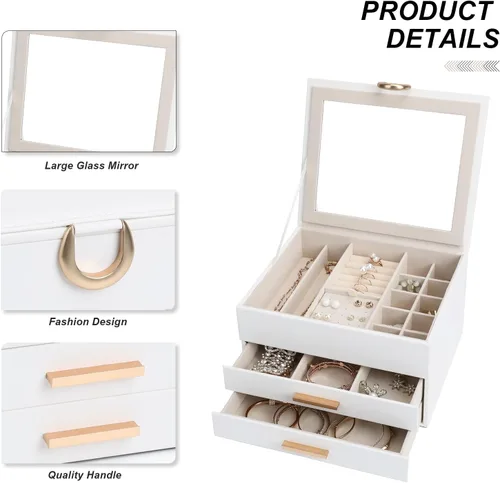 Miniatura 12 de Elegant Gift Jewelry Box with Mirror - 3-Layer Organizer for Earrings, Rings, Necklaces, Ready to Give for Birthday Anniversary Christmas Apricot
