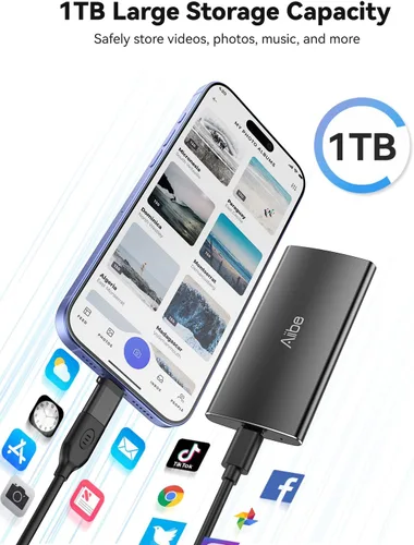 Miniatura 4 de Aiibe SSD externo de 1 TB USB C SSD portátil USB 3.2 Gen 2, hasta 1050 MB/s, unidad externa de estado sólido 1 TB disco duro externo para iPhone