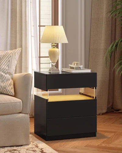 Miniatura 8 de Bingoday Juego de 2 mesitas de noche LED para dormitorio, juego de 2 mesitas de noche modernas con 3 cajones, mesa auxiliar para dormitorio
