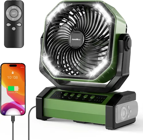 Miniatura 10 de AddAcc Ventilador de camping recargable de 20000mAh - Ventilador operado por batería con luz y control remoto, oscilación automática, temporizador