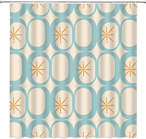 Cortina de ducha de mediados de siglo, moderna abstracta con diseño de explosiones de estrellas atómicas, cuadrados, retro, años 50, decoración