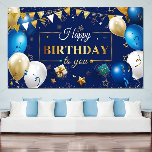 Miniatura 5 de Sumind Cartel de fondo de feliz cumpleaños para hombres, decoraciones de cumpleaños azul marino y dorado, fondo de fotos, suministros