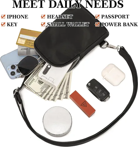 Miniatura 5 de Pequeña bolsa cruzada, cangurera, elegante bolsa cruzada para viajes esenciales, regalos para mujeres, Nailon-Negro, Bolso bandolera