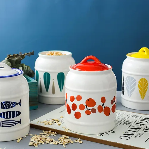 Miniatura 5 de Recipiente de cocina hermético con tapas, diseño simple y fresco recipiente de cerámica para almacenamiento de alimentos - Hojas amarillas