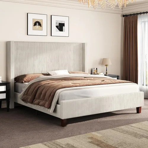 Miniatura 11 de AMERLIFE Base de cama tapizada tamaño Queen con cabecera de 50.8 pulgadas de alto, cama de plataforma con respaldo de alas con patas de madera