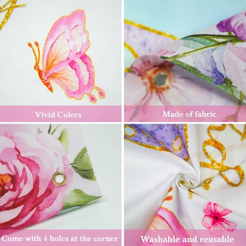 Miniatura 5 de Mocsicka Cartel de cumpleaños de mariposa para niñas y mujeres, decoración de fiesta de cumpleaños, pancarta morada con diseño de mariposa feliz