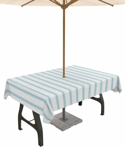 Miniatura 20 de Mantel para exteriores a rayas azul marino, mantel redondo de 60 pulgadas, diseño de rayas blancas y azul marino, impermeable, con agujero