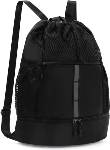 Valleycomfy Mochila deportiva con cordón y compartimento para zapatos y tiras reflectantes, color negro