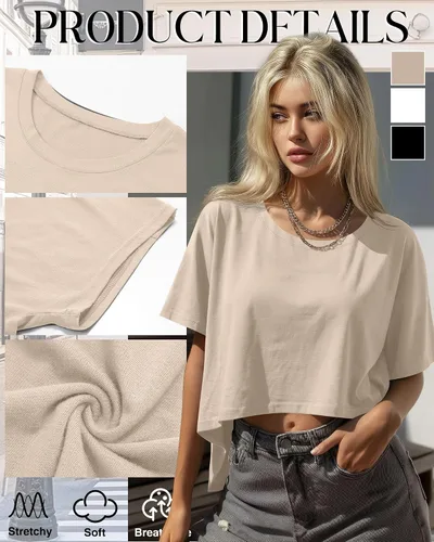 Miniatura 3 de Huukeay Paquete de 3 camisetas recortadas de gran tamaño para mujer, manga corta, holgadas, cuello redondo, holgadas, para entrenamiento