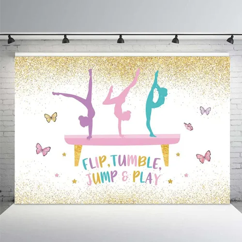 MEHOFOND Telón de fondo de gimnasia de cumpleaños para niñas, gimnastas, volteador, saltar y jugar, suministros de decoración de fiesta, fondo de