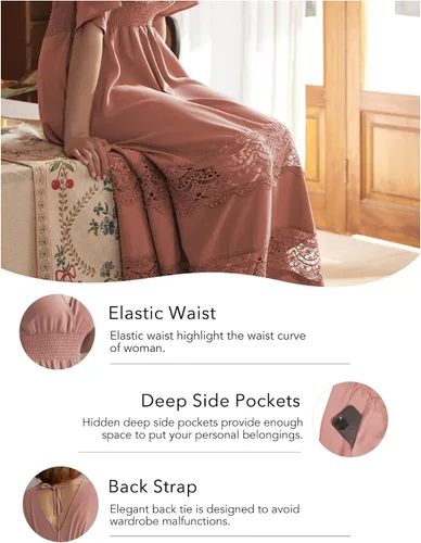 Miniatura 21 de Vestido largo de encaje para mujer de manga corta y cuello en V, vestido de fiesta estilo bohemio con cintura fruncida, vestido bohemio para mujer