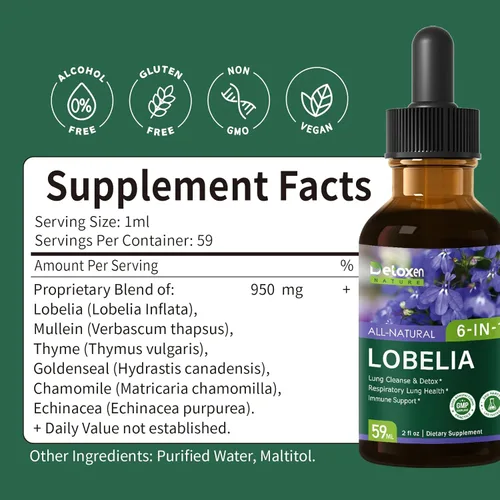 Miniatura 7 de Tintura orgánica de lobelia para limpieza y desintoxicación pulmonar, apoyo respiratorio para la salud pulmonar con extracto de tomillo