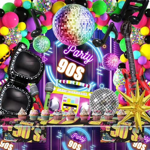 Miniatura 8 de JOGAMS Decoraciones de fiesta de los 80 y 90 165 piezas Globos con guitarra inflable retro, micrófono, anteojos, nota musical, globos de bola
