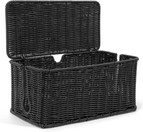 Caja grande de organización de cables, organizador de cables de ratán de imitación tejida a mano, caja de gestión de cables de escritorio para