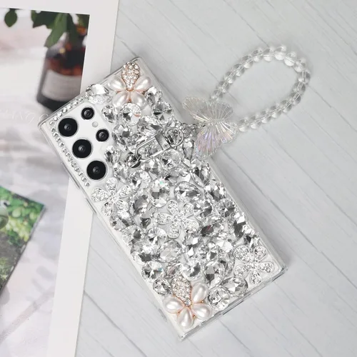 Miniatura 7 de Omio Funda compatible con Samsung Galaxy S22 Ultra Bling con correa de cadena de mano, bonita pulsera de mariposa 3D hecha a mano con purpurina
