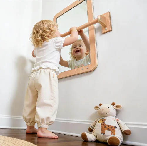 Miniatura 4 de Montessori Baby Espejo de seguridad inastillable 2 en 1 con barra de dominadas, montaje en pared infantil y juego en el suelo para el tiempo boca