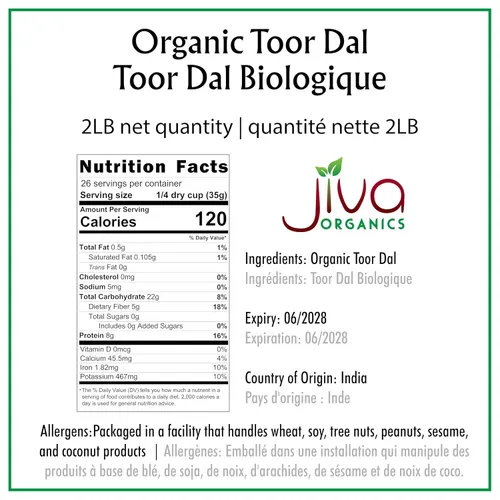 Miniatura 2 de Jiva Organic Toor Dal Kori, Unoily, Madhi Bolsa de 2 libras – Guisantes de paloma indios – Sin OMG, vegano