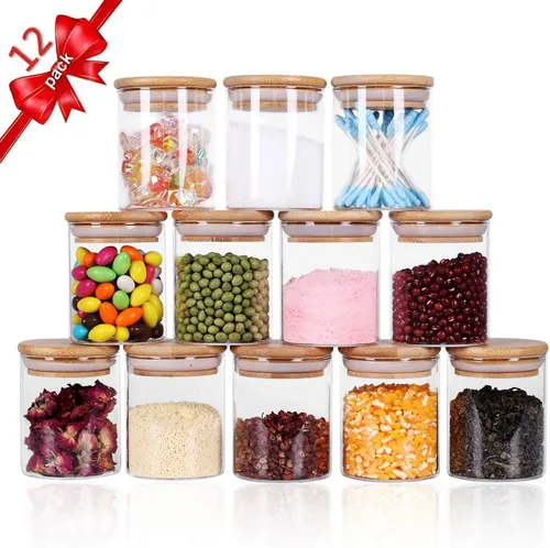 Tzerotone Juego de tarros de vidrio, tarros de especias mejorados con tapas y etiquetas herméticas de madera, 12 recipientes pequeños de 6oz/12pcs