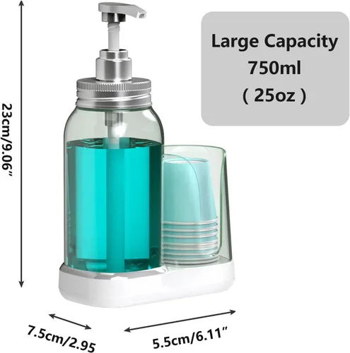 Miniatura 3 de Dispensador de enjuague bucal Luvan para baño, botella de bomba de enjuague bucal de 25 oz con portavasos, recipiente de enjuague bucal transparente
