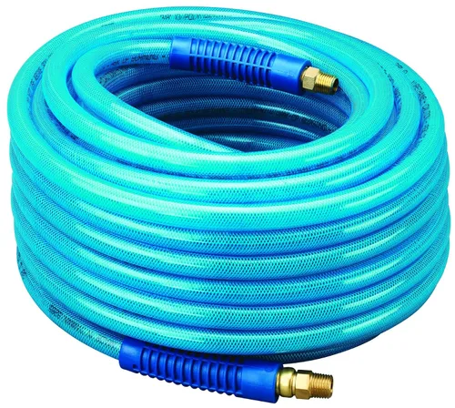 Amflo 13-100AE Manguera de aire de poliuretano, color azul, 300 PSI, 3/8 pulgadas x 100 pies con terminaciones giratorias MNPT de 1/4 pulgadas y