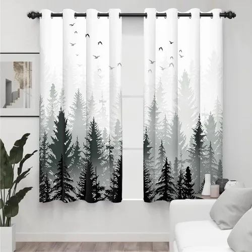 AWERT Cortinas opacas para dormitorio, árbol negro con niebla, naturaleza, amanecer, bosque, 2 paneles para sala de estar, bloqueo de calor, 21 x 45