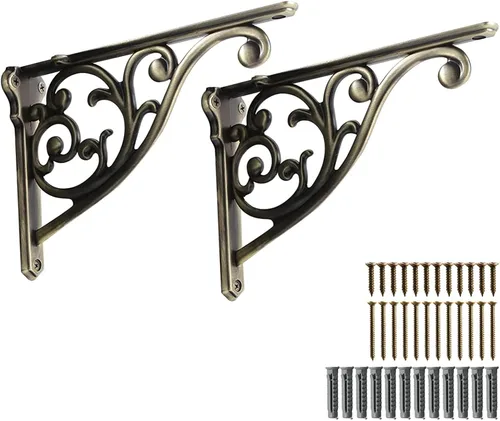 Miniatura 16 de Soportes de estante de 4 pulgadas, paquete de 4 soportes de pared de latón antiguo de alta resistencia, estantes decorativos de cocina victoriana
