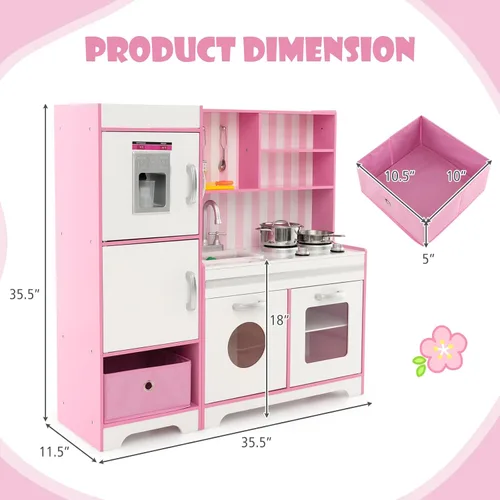 Miniatura 6 de KOTEK Juego de cocina con luces y sonidos, juego de cocina de madera para niños pequeños con máquina de hielo, lavadora, 16 accesorios y estufa, Rosa
