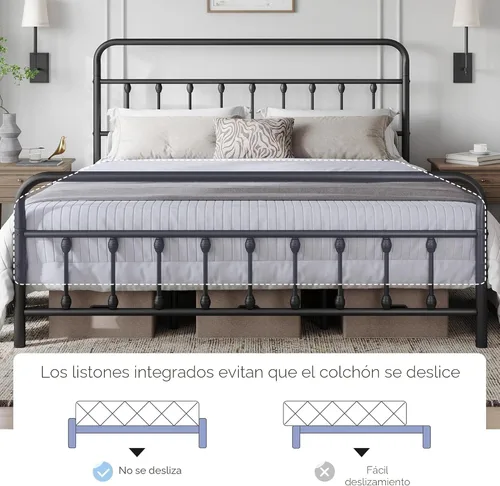 Miniatura 4 de Yaheetech - Marco de cama clásico de metal con base de colchón, cabecero y estribo de estilo victoriano con arte de hierro, almacenamiento debajo