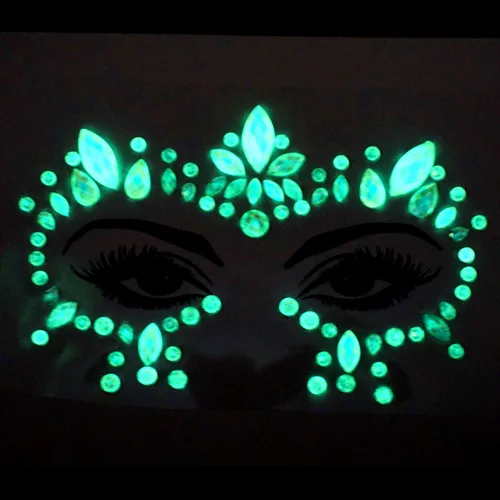Miniatura 11 de Joyas de cara que brillan en la oscuridad, cristal de Halloween, tatuaje temporal, gemas de diamantes de imitación, cuerpo fluorescente, joyas
