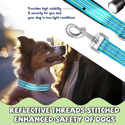 Miniatura 4 de Juego de collar y correa reflectante para perro, correa de nailon para perro con anillo en D de acero resistente, ajustable con hebilla de Cian